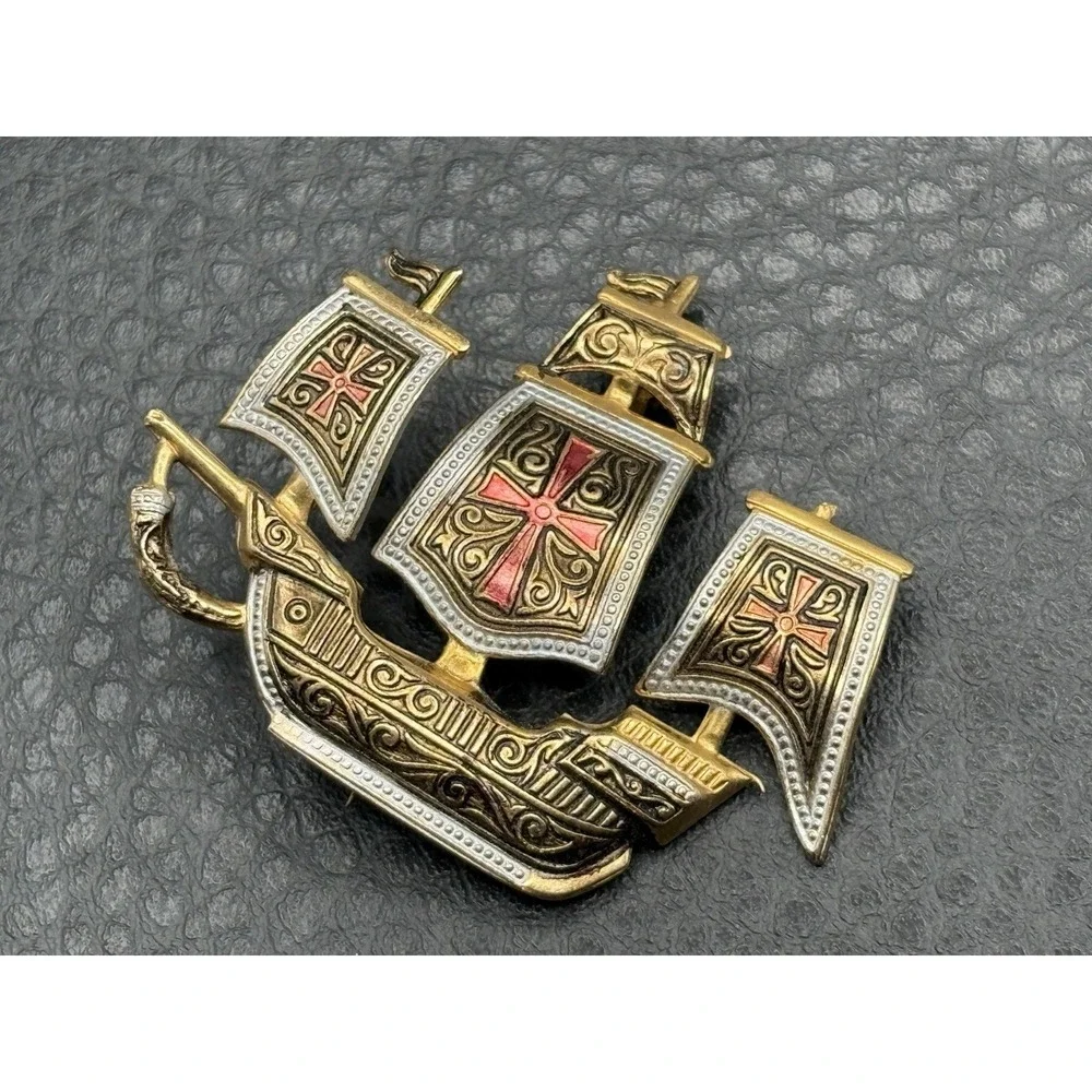 Vintage Spanish Damascene Galleon Ship Cross Brooch Pin Toledo Spain Red Enamel